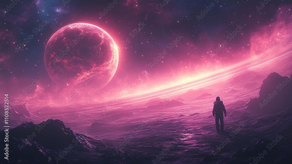Fototapeta premium A lone astronaut stands on a rocky landscape under a vibrant, cosmic sky with a large planet.