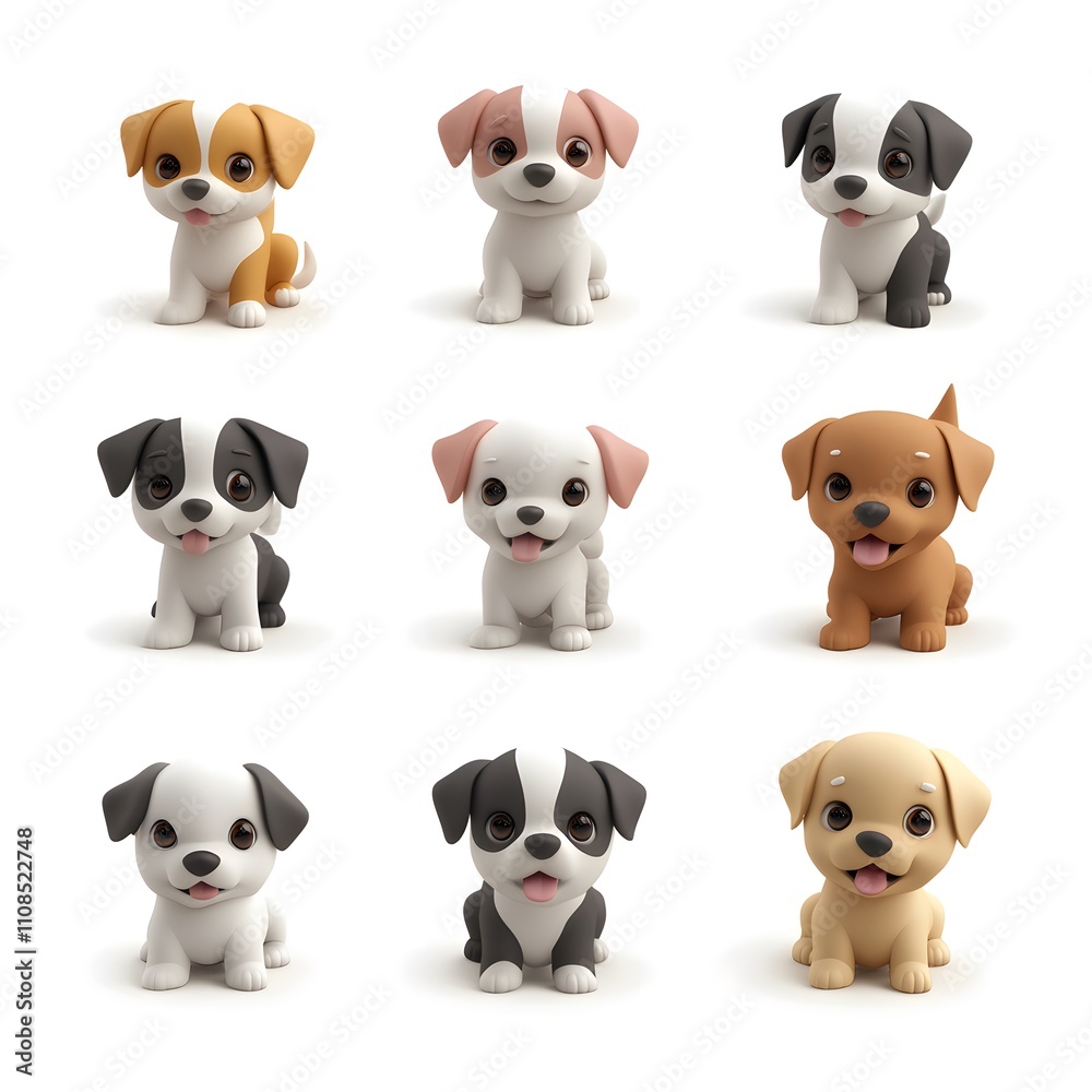 Obraz premium A set of cute little puppy dogs in a creative minimal 3D style, isolated on a white background with the background removed.