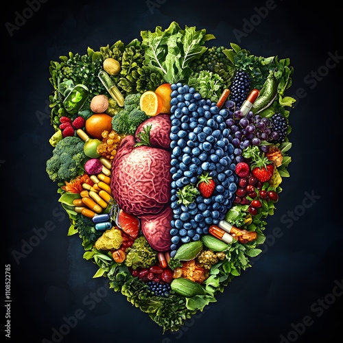 A shield-shaped organ surrounded by protective elements like vitamins and antioxidants, symbolizing the immune system's role in defending against illness.