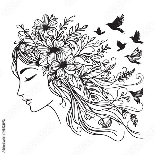 One continuous single drawing black line art doodle of a serene woman face with flowing hair intertwined with flowers, illustration on white background