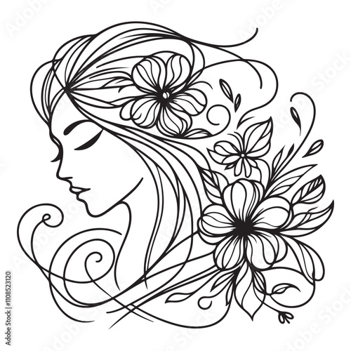 One continuous single drawing black line art doodle of a serene woman face with flowing hair intertwined with flowers, illustration on white background