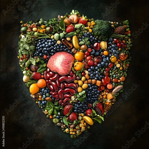 A shield-shaped organ surrounded by protective elements like vitamins and antioxidants, symbolizing the immune system's role in defending against illness. photo