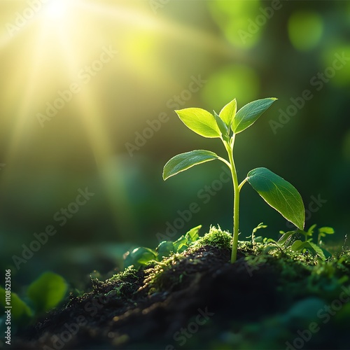 A small plant in the sunshine against a green nature background, symbolizing care for the environment and celebrating World Environment Day. photo