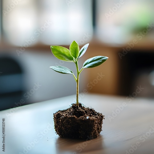 A small plant seedling growing in an office environment, symbolizing business growth and success. photo