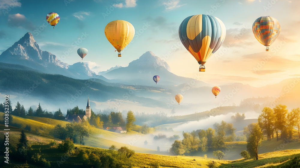 Fototapeta premium Colorful hot air balloons soar over a misty mountain valley at sunrise, showcasing a picturesque landscape with a church steeple and rolling hills.