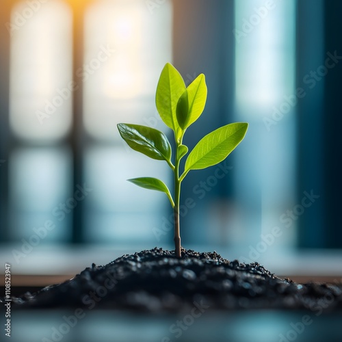 A small plant seedling growing in an office environment, symbolizing business growth and success. photo