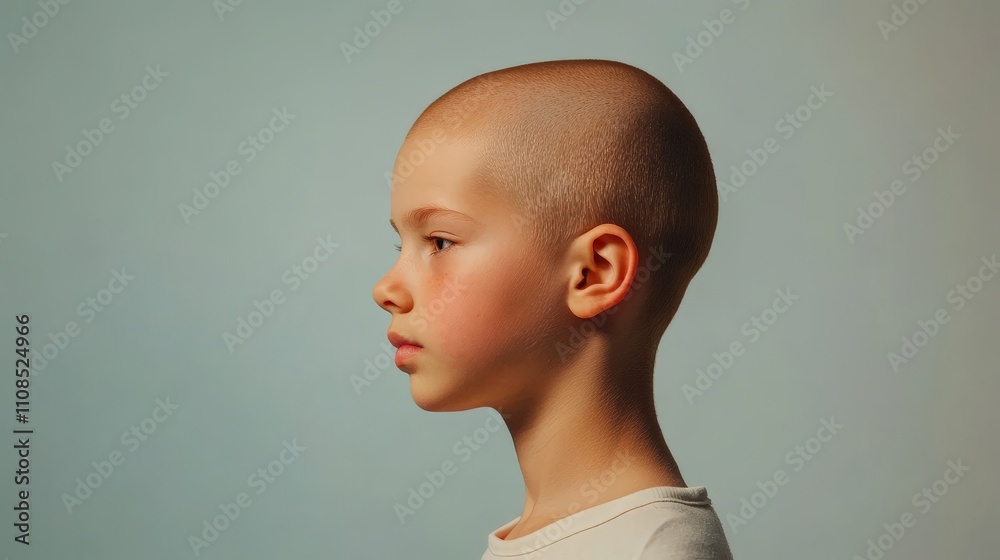 Profile of a young caucasian male child with shaved head against a neutral background Profile of a young caucasian male child with shaved head against a neutral background