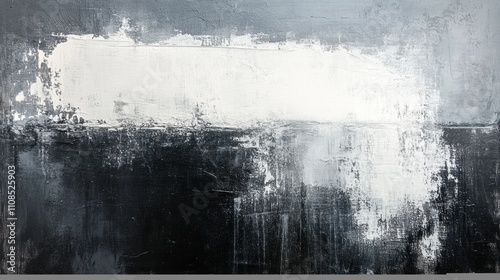 Abstract grayscale painting with textured black, white, and gray strokes.
