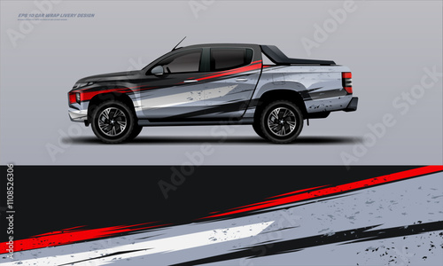 car truck double cabin branding sport rally dakar touch of black white , mockup with racing wrap decal or livery design.