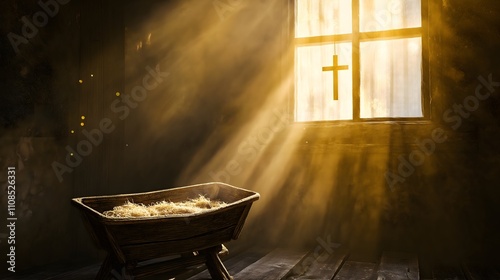 A dimly lit manger scene bathed in warm light, symbolizing the birth of Jesus Christ. A cross hangs in the window, casting a radiant glow over the scene.