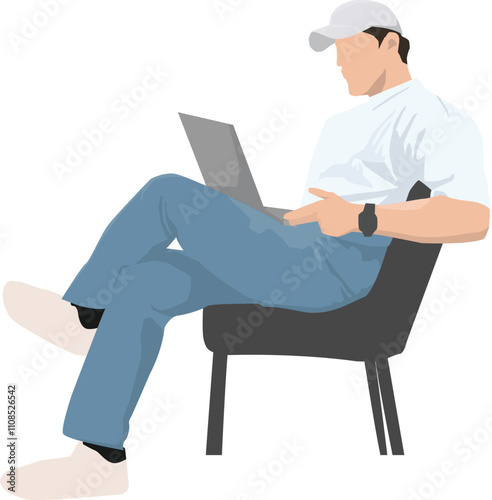 Flat Illustration of A Man Sitting on a Couch While Working From Home Using Laptop