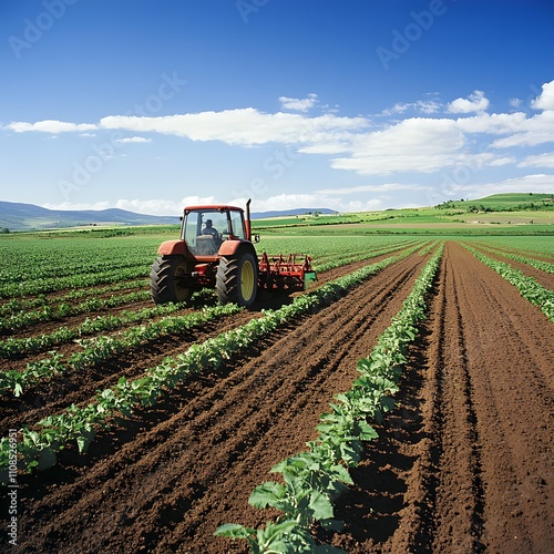 A tractor working in an expansive agricultural field, capturing the essence of farming, cultivation, and plant growth. photo