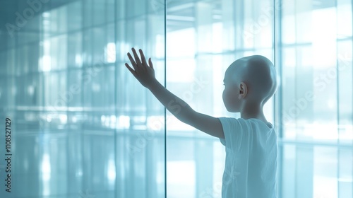 Young caucasian child in modern glass building interior photo