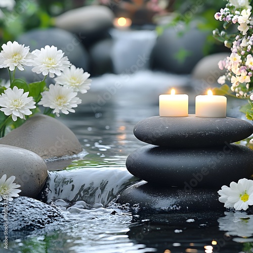 A tranquil spa scene featuring stones, flowing water, candles, and flowers in a garden setting. photo