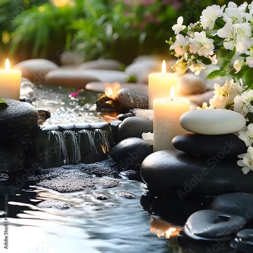 A tranquil spa scene featuring stones, flowing water, candles, and flowers in a garden setting. photo