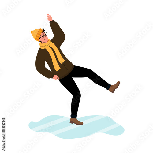 Person slips on icy surface while wearing winter clothing and accessories