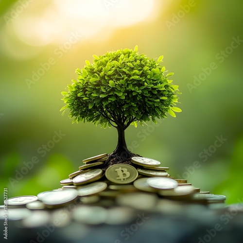 A tree growing on a pile of coins, symbolizing profit and saving for the future. photo