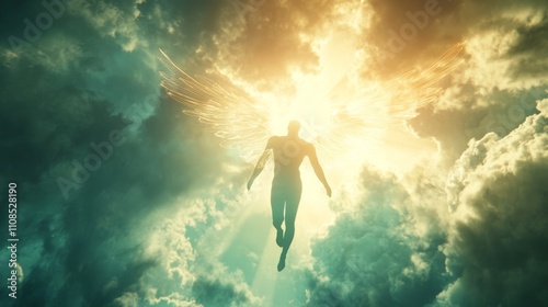 Wallpaper Mural A mystical figure with luminous wings rises through dramatic clouds, bathed in radiant sunlight, creating an ethereal and inspiring scene. Torontodigital.ca