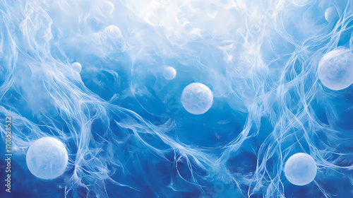 Sugar-coated orbs waft in a whirling storm of radiant blue, feathery strands extending like gossamer threads within a universe of fluffy sweetness. Gossamer. Illustration photo