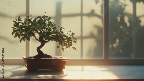 A bonsai tree placed on a clean table, surrounded by soft light, offering a peaceful setting for mindfulness and creative inspiration