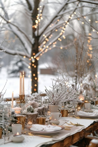 A table is set with candles and a tree in the background. Scene is warm and cozy, perfect for a winter dinner party photo