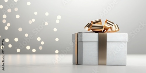 Digital gift box with large satin ribbon isolated on blurred background elegant presentation celebratory environment eye-level view holiday concept photo