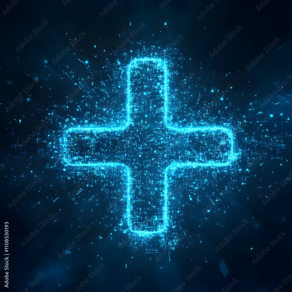 Fototapeta premium A virtual blue plus sign symbolizing medical health and healthcare insurance, representing the concept of health coverage and medical services.