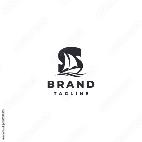 Sail Boat Silhouette Inside Initial Letter S Logo Design. Initial S Letter With Sail Boat Silhouette Inside Logo Design.