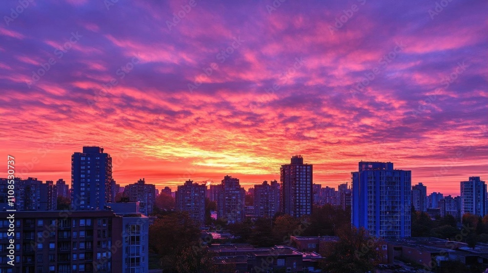 Obraz premium A vibrant sunset over a city skyline, showcasing colorful clouds.