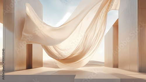 Luxurious silk fabric billowing and flowing through the desert wind draped across a sleek minimalist architectural structure the sheer gossamer material creates a dynamic. Gossamer. Illustration photo