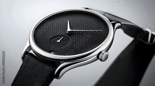 Elegant black wristwatch with textured dial and slim silver case on a black fabric strap. photo