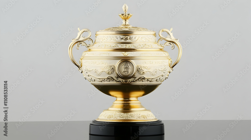 Elegant gold and ivory trophy with ornate details on a black base, isolated on a gray background. Elegant gold and ivory trophy with ornate details on a black base, isolated on a gray background.