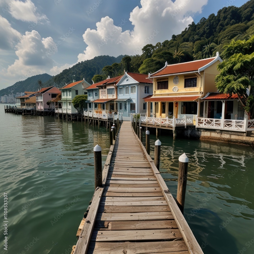 Obraz premium Colorful waterfront houses with wooden walkway.