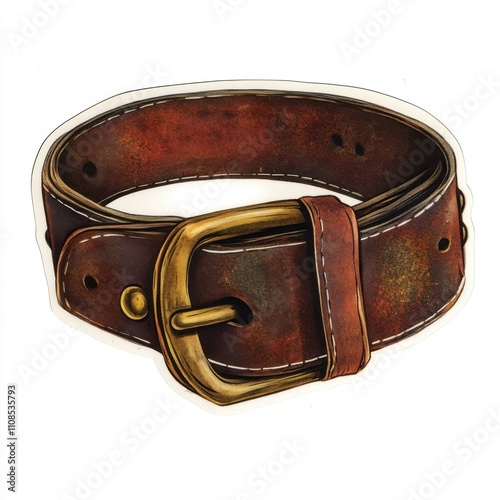 Vintage scrapbook style collage paper sticker cutout of a leather belt with brass buckle on white background 