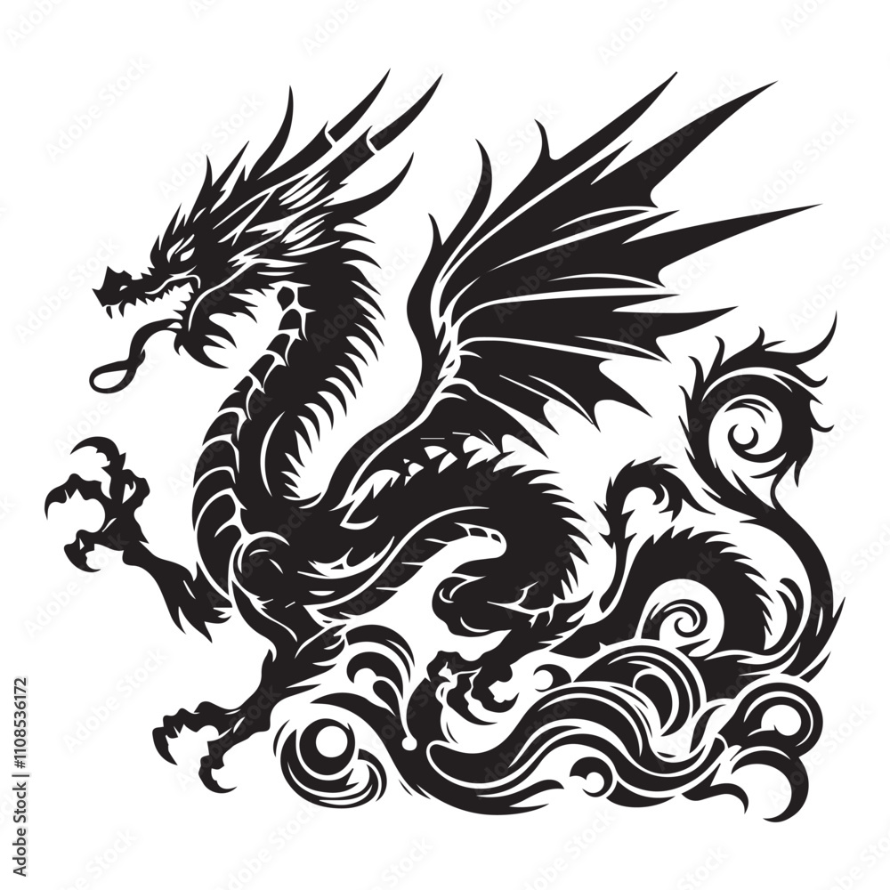 Fototapeta premium Chinese dragon silhouette. Traditional mythological creature of East Asia. Tattoo Celestial feng shui animal. Side view. Graphic style vector illustration