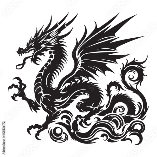 Chinese dragon silhouette. Traditional mythological creature of East Asia. Tattoo Celestial feng shui animal. Side view. Graphic style vector illustration
