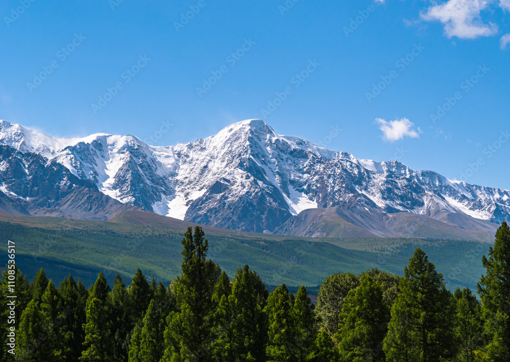 Obraz premium Majestic snow-capped mountains tower over serene green forest under bright blue sky