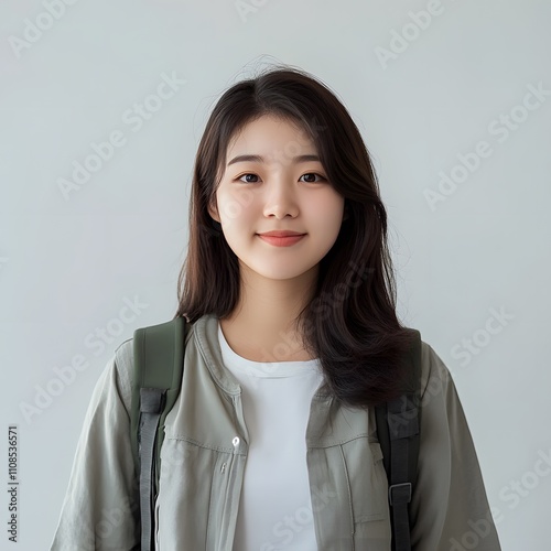 A young Asian woman student standing confidently with a backpack, representing college life and university education. photo