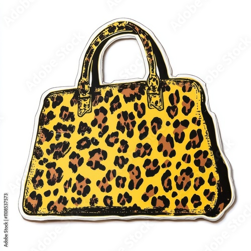 Vintage scrapbook style collage paper sticker cutout of a leopard-print handbag on white backgroun