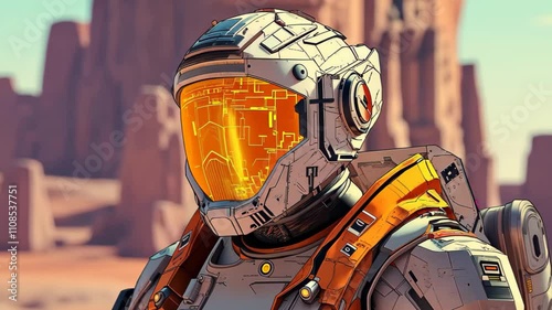 Futuristic Mars explorer looking with glowing orange visor, Martian astronaut character suit concept animation