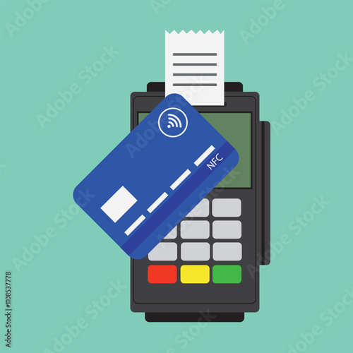 Credit card with mobile and pos terminal for payment isolated. Nfc pay. Icon of contactless pay with help smartphone or debit card. Tap machine in processing. Vector.