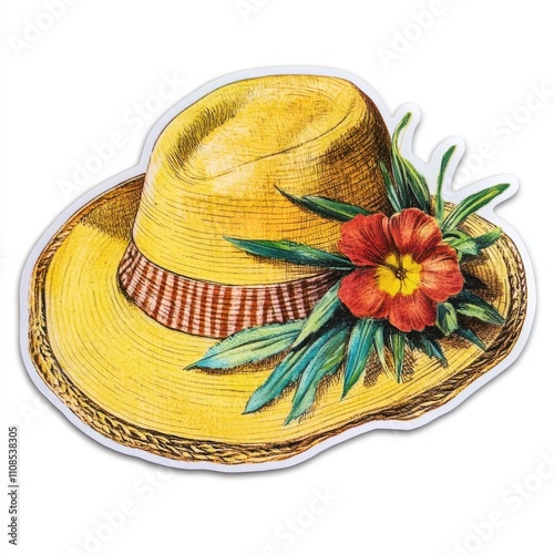 Vintage scrapbook style collage paper sticker cutout of a floppy sun hat on white background