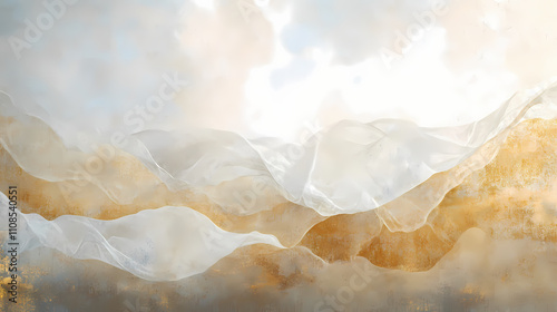 Delicate stratocumulus clouds drift lazily across the sky, their soft white peaks gossamer thin, as the sun's warm rays filter through, casting a gentle veil of gold. Gossamer. Illustration photo