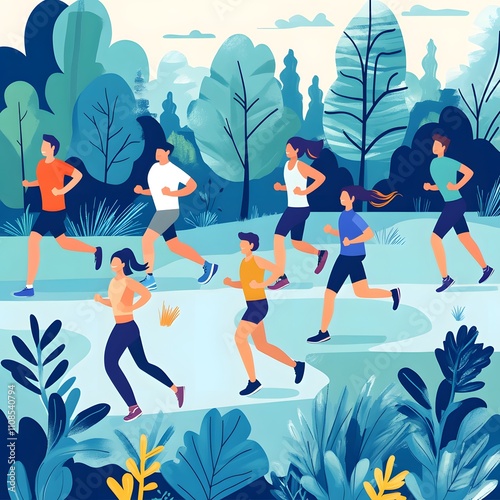 Active Lifestyle banner featuring a dynamic scene of people engaging in outdoor running activities. photo