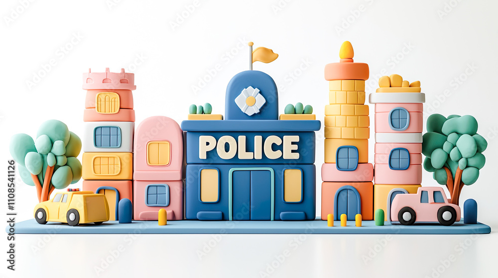 Naklejka premium カラフルな警察署がある町のイメージの3Dイラスト