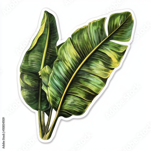 Vintage scrapbook style collage paper sticker cutout of a banana leaf on white background. 