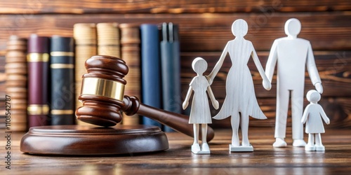 Family Law Concept Wooden Gavel, Family Figures, Books Background, Family Law, Legal Concept Family Law, Custody