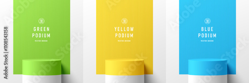 Set of white 3D cylindrical podium with green, yellow, blue rectangle backdrop. Minimalist mockup pedestal. Abstract stand product display presentation. Stage for showcase. Vector platforms design.