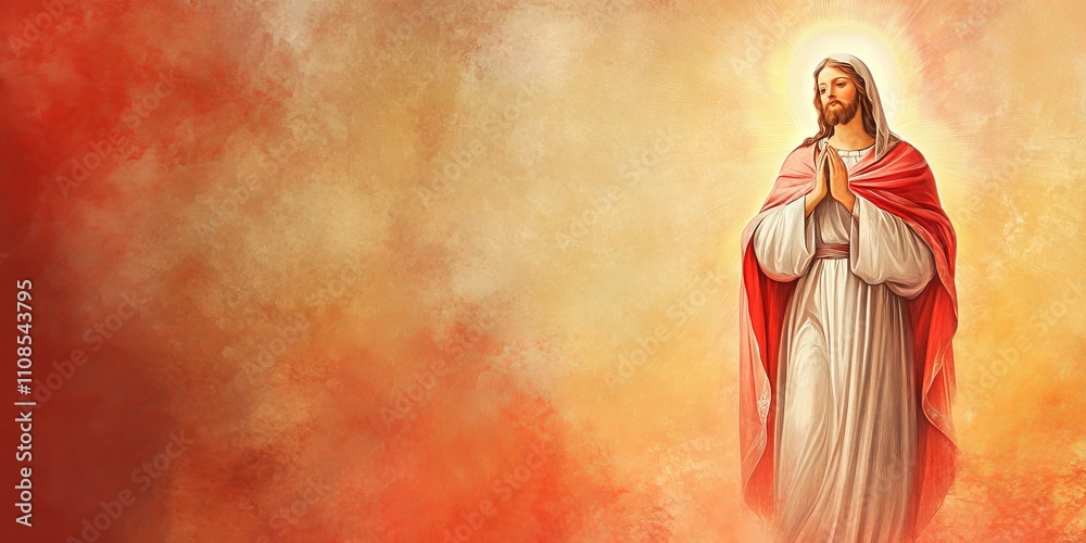 Naklejka premium Illustration of Jesus Christ in prayer, surrounded by radiant light, set against a red background, symbolizing faith and spirituality.