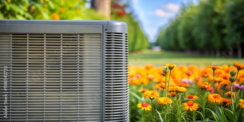 Air Conditioner Unit in a Garden Close-up Composition, HVAC System, Spring Flowers, Outdoor Cooling HVAC system, outdoor cooling